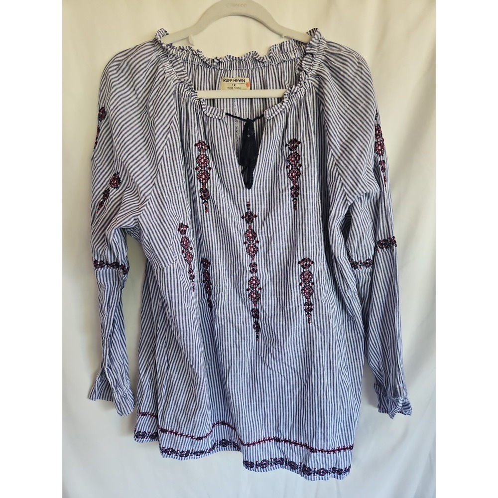 Ruff Hewn Blouse Women 1X Blue Excellent Embroidered Tassel Peasant Top